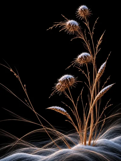 Frost Covered Dried Wildflowers Against Black Background