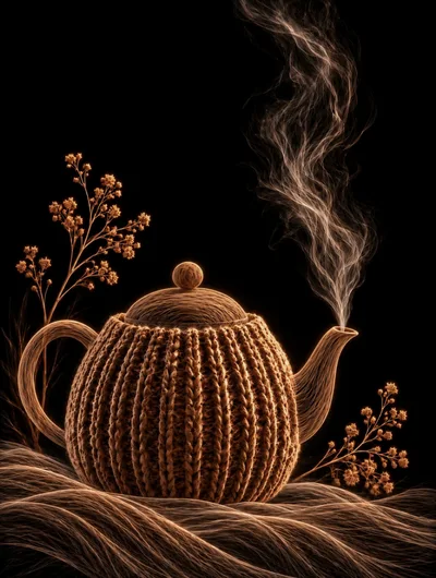 Knitted Teapot With Steam On Black Background