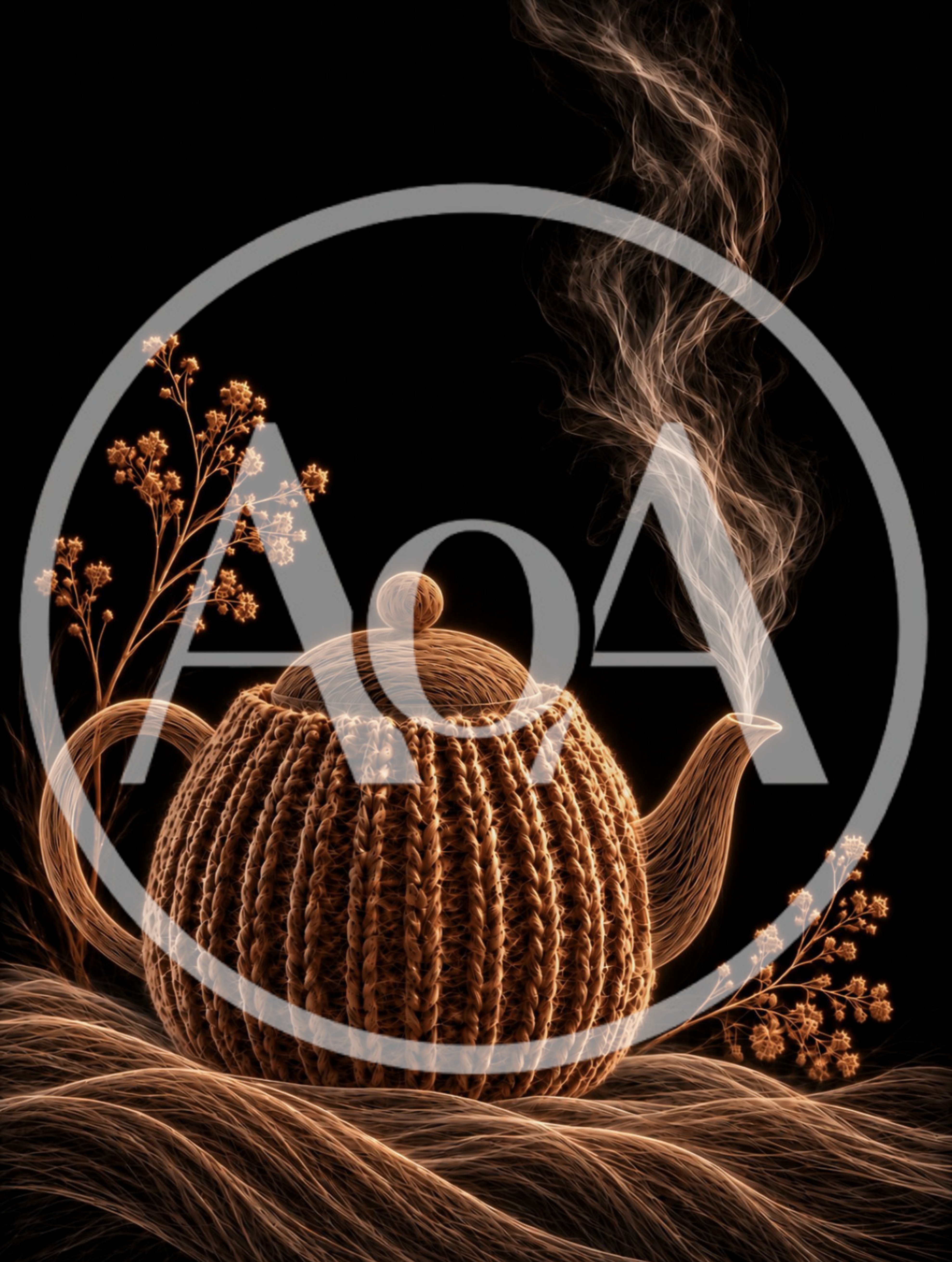 Knitted Teapot With Steam On Black Background
