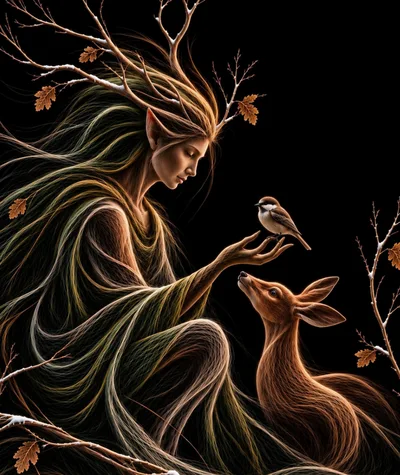 Fantasy Forest Spirit Interacting With A Bird And Deer
