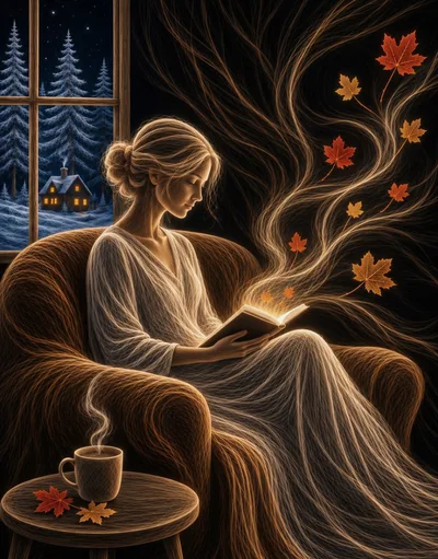 Woman Reading Magical Book With Floating Autumn Leaves