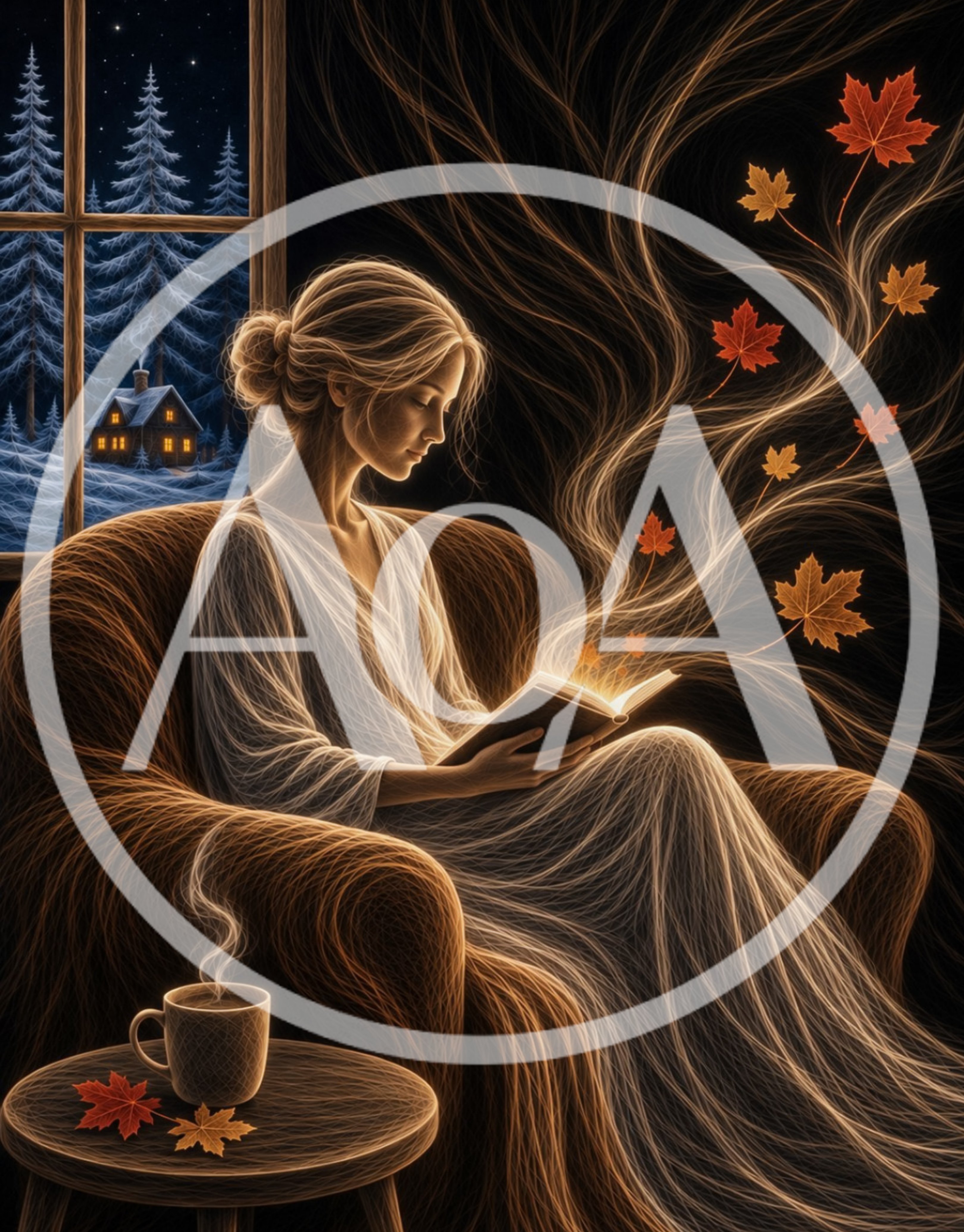 Woman Reading Magical Book With Floating Autumn Leaves