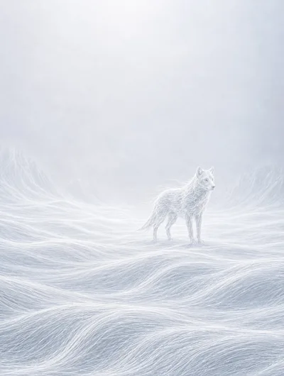 Ethereal White Wolf Standing In Snowy Landscape