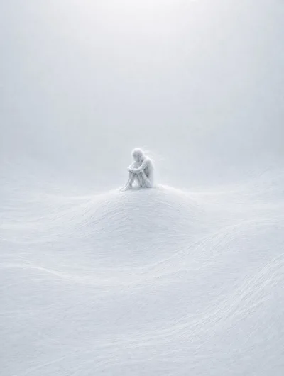 Surreal Figure Sitting Alone On A White Hairy Landscape
