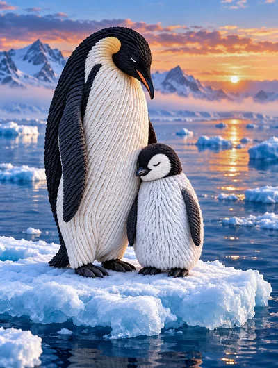 Adult Emperor Penguin With Chick On Iceberg