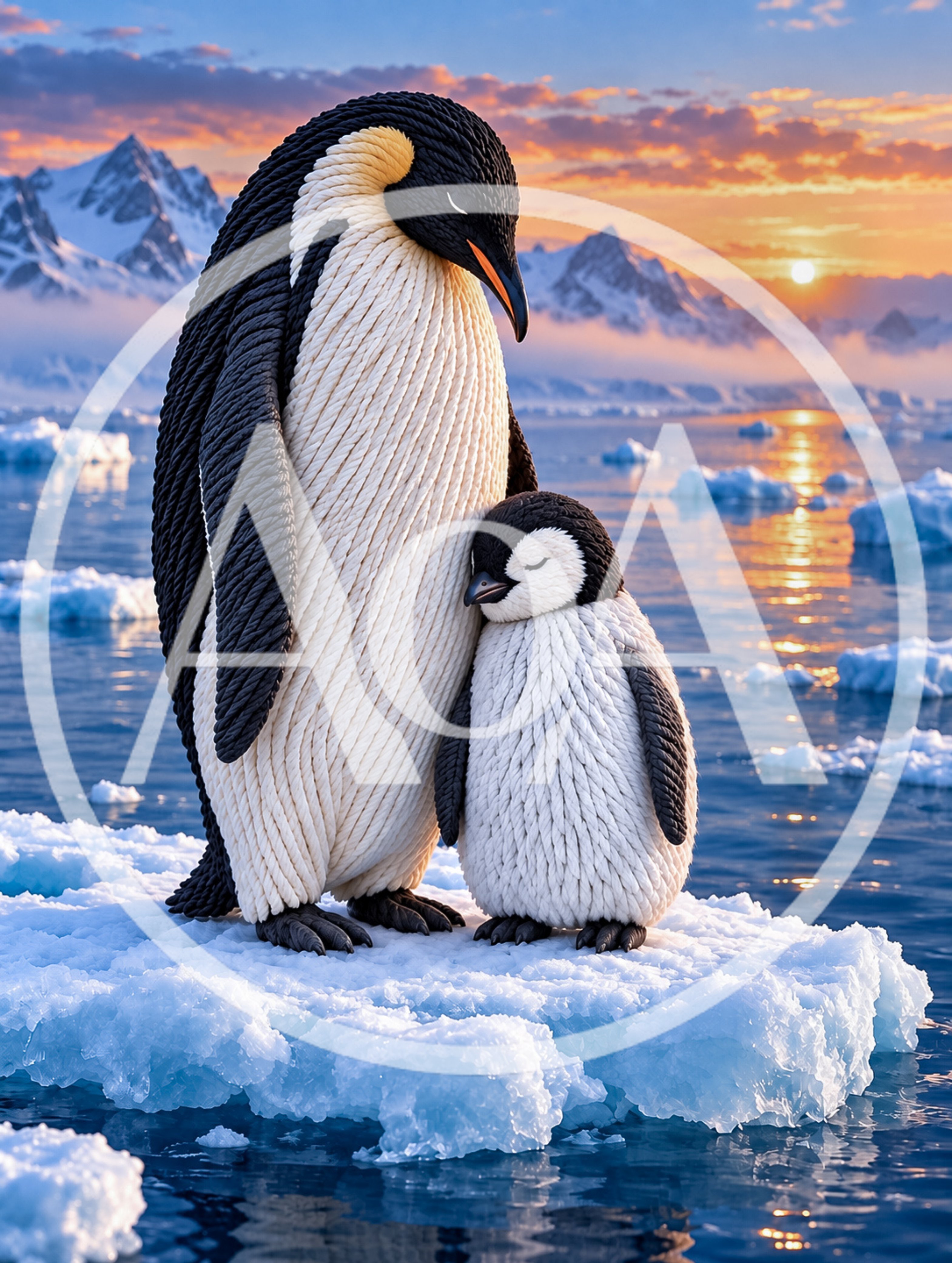 Adult Emperor Penguin With Chick On Iceberg