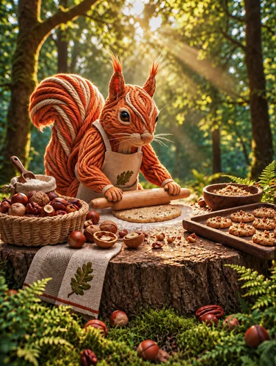 Yarn Squirrel Baking Cookies In A Forest