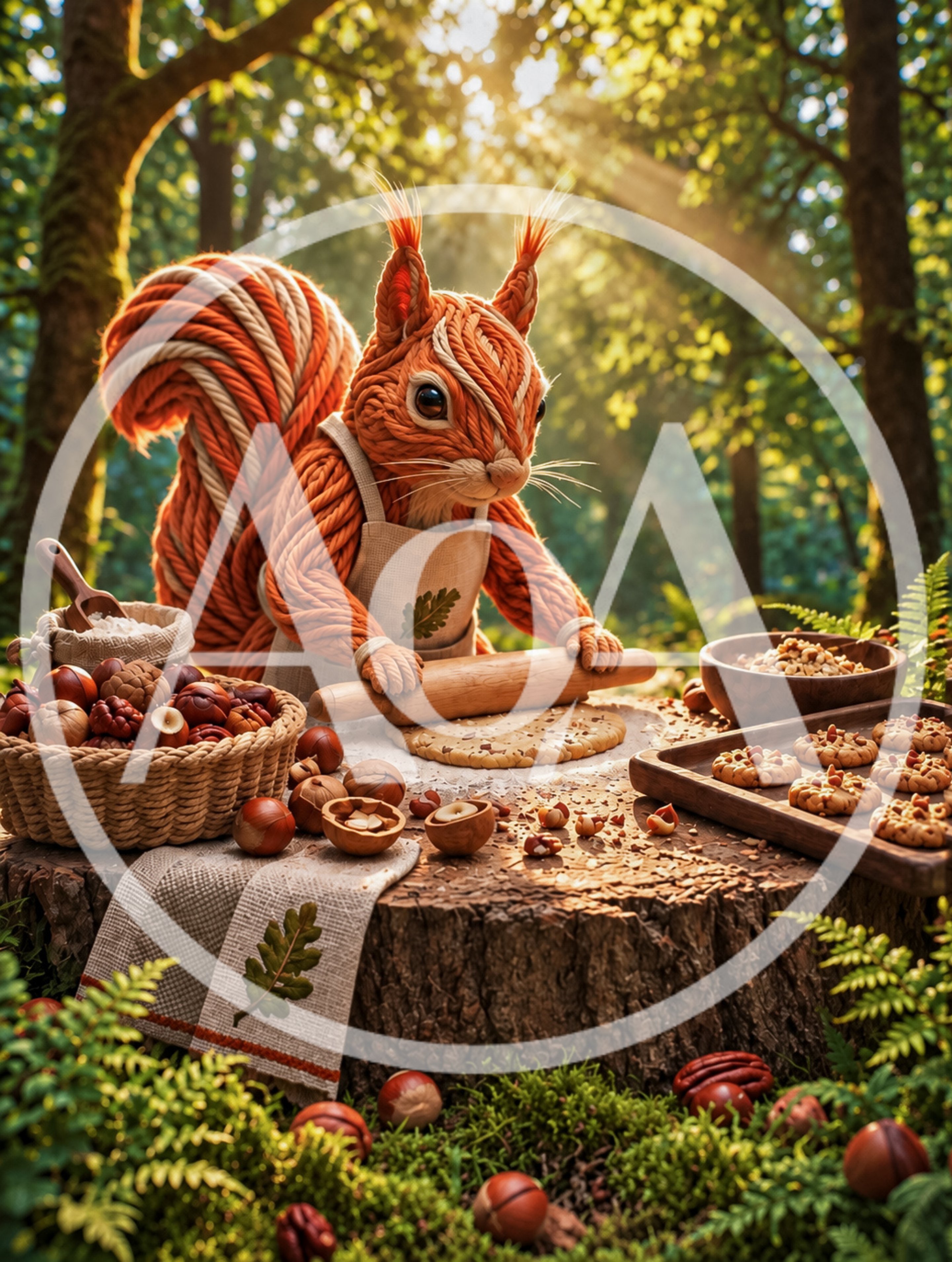 Yarn Squirrel Baking Cookies In A Forest