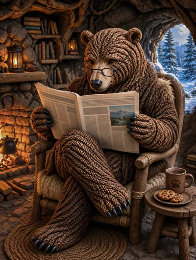 Knitted Bear Reading Newspaper In Cozy Cave