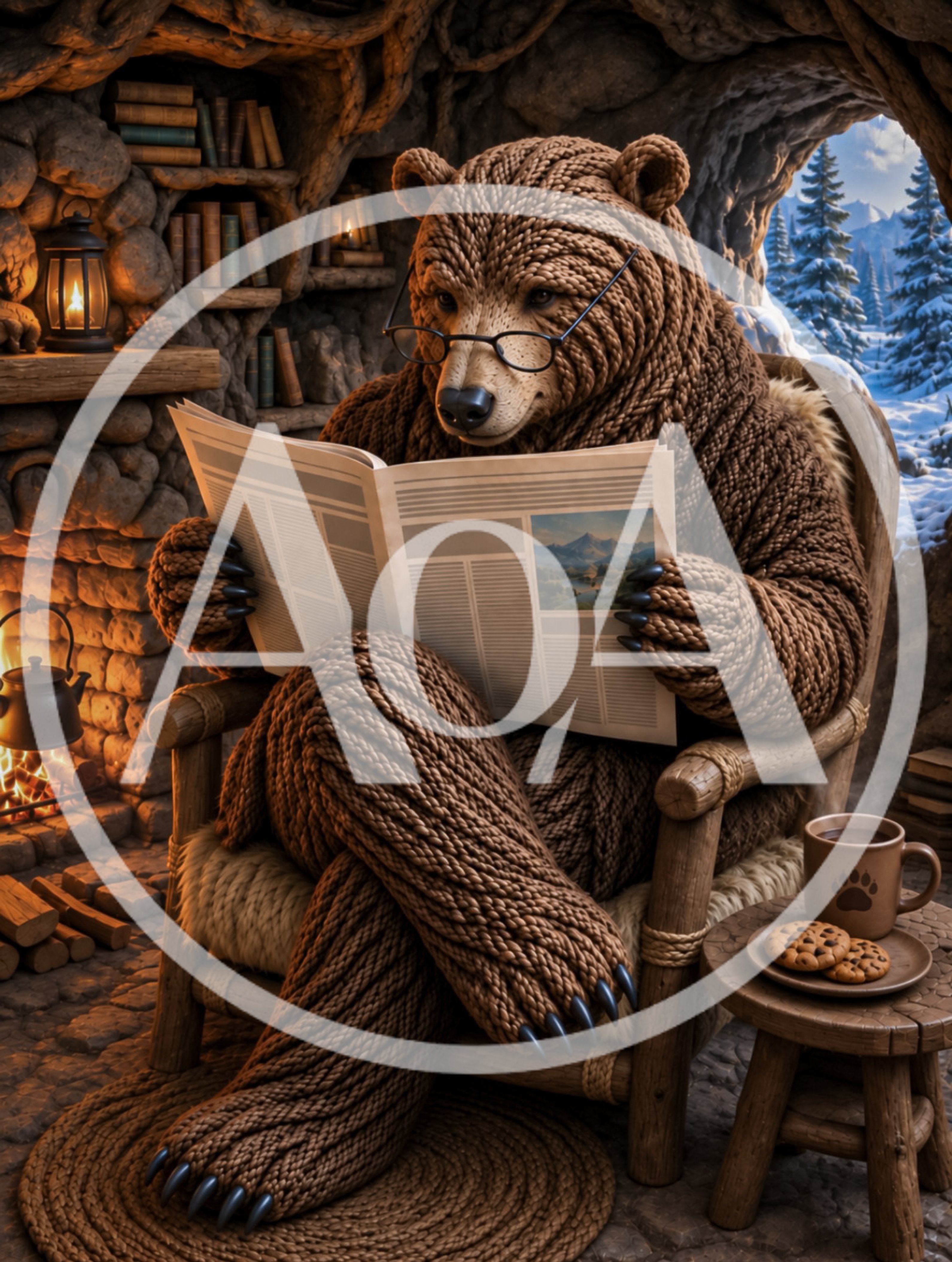 Knitted Bear Reading Newspaper In Cozy Cave