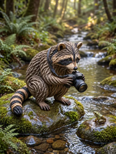 Raccoon Made Of Rope Holding A Camera