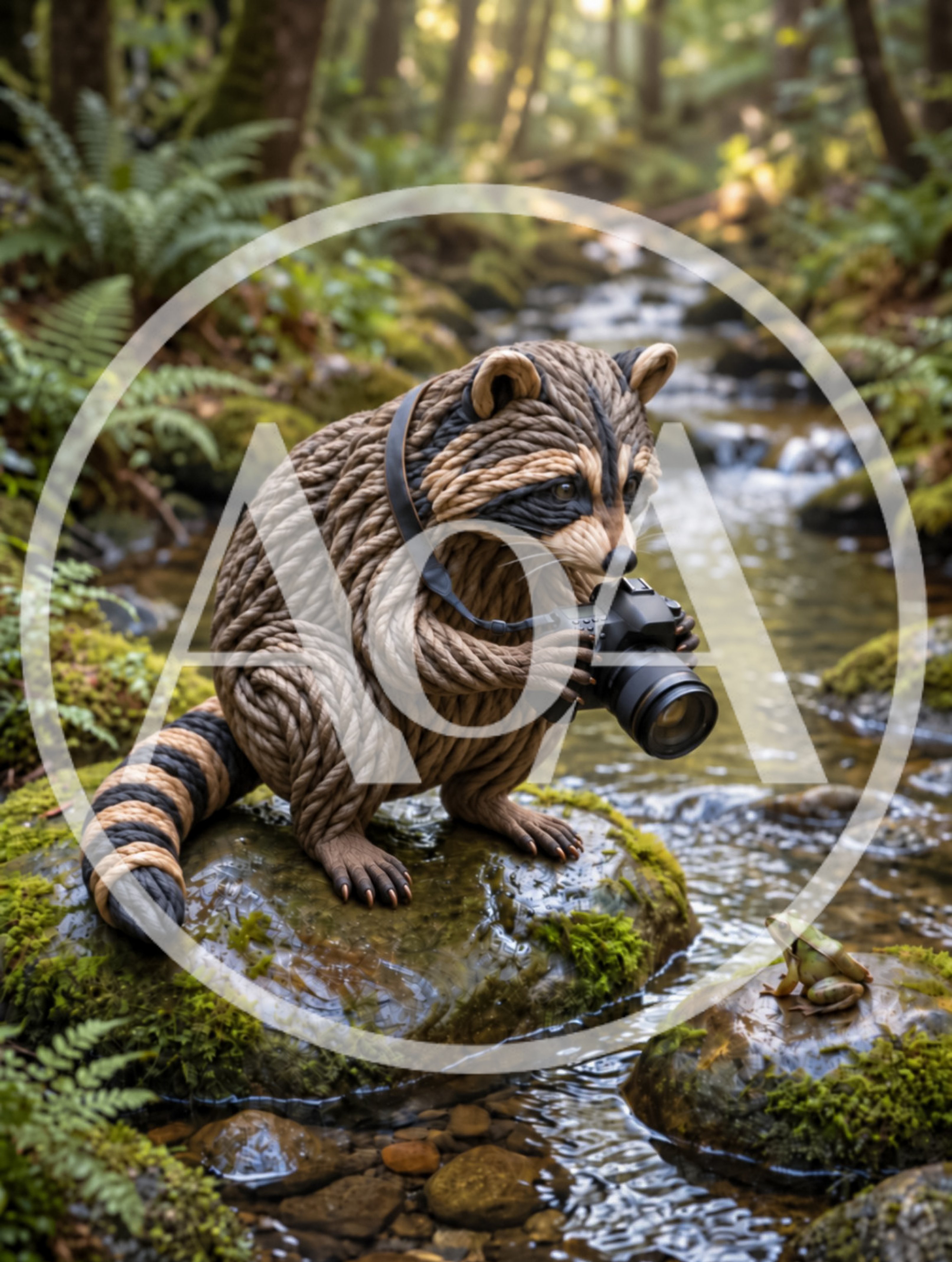 Raccoon Made Of Rope Holding A Camera