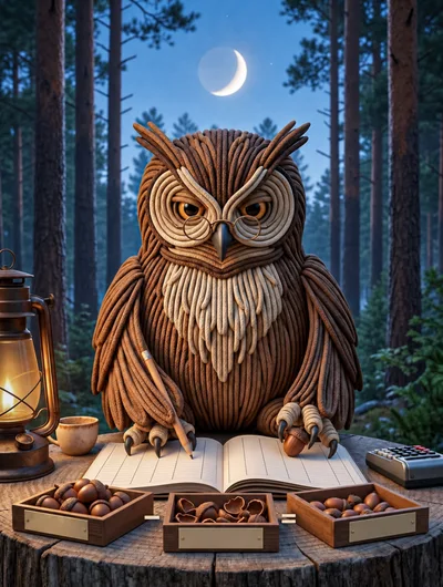 Wise Owl Writing In A Notebook In The Forest