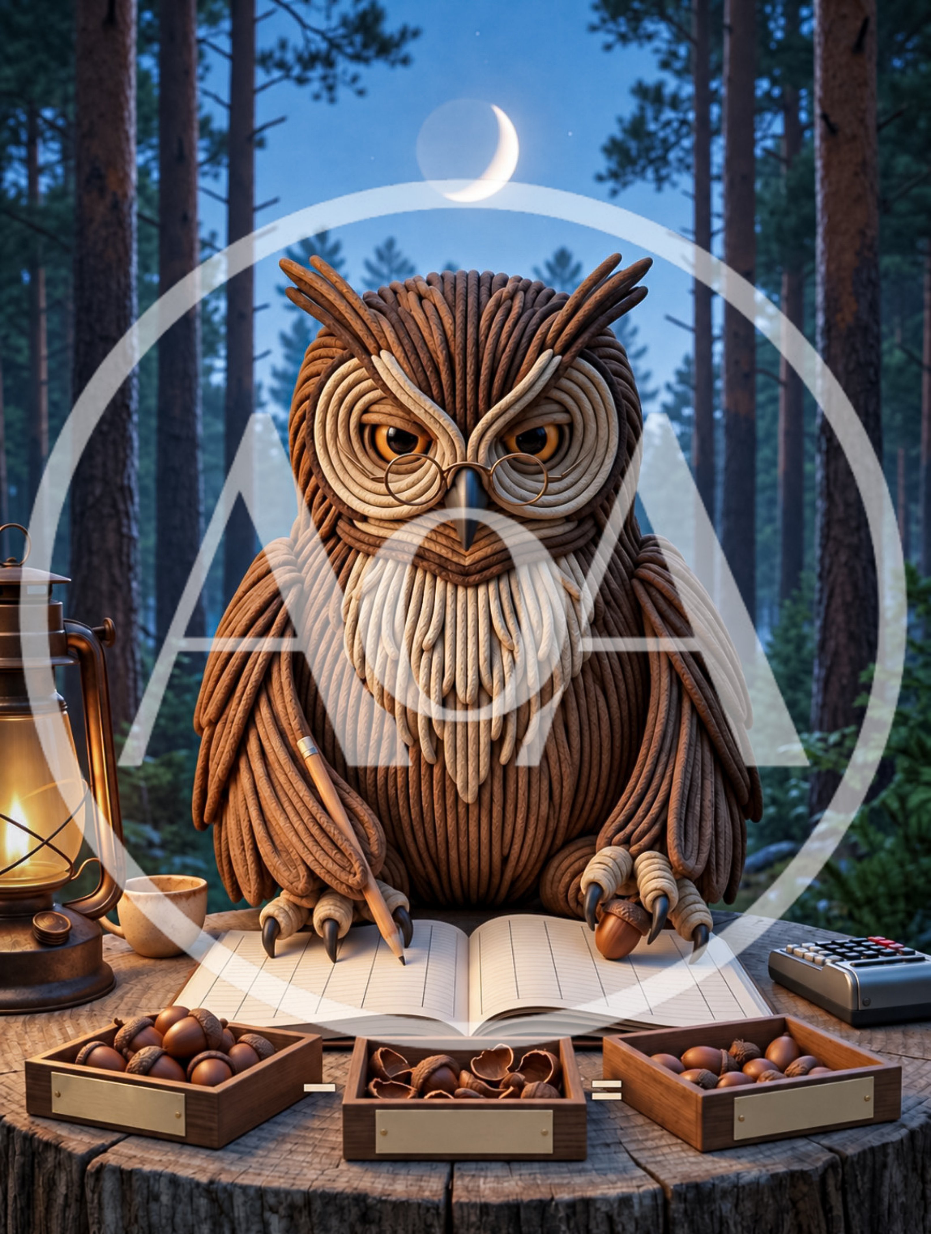 Wise Owl Writing In A Notebook In The Forest