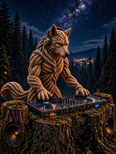 Rope Texture Wolf DJ Performing In Forest
