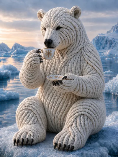 Knitted Polar Bear Drinking Tea on Iceberg
