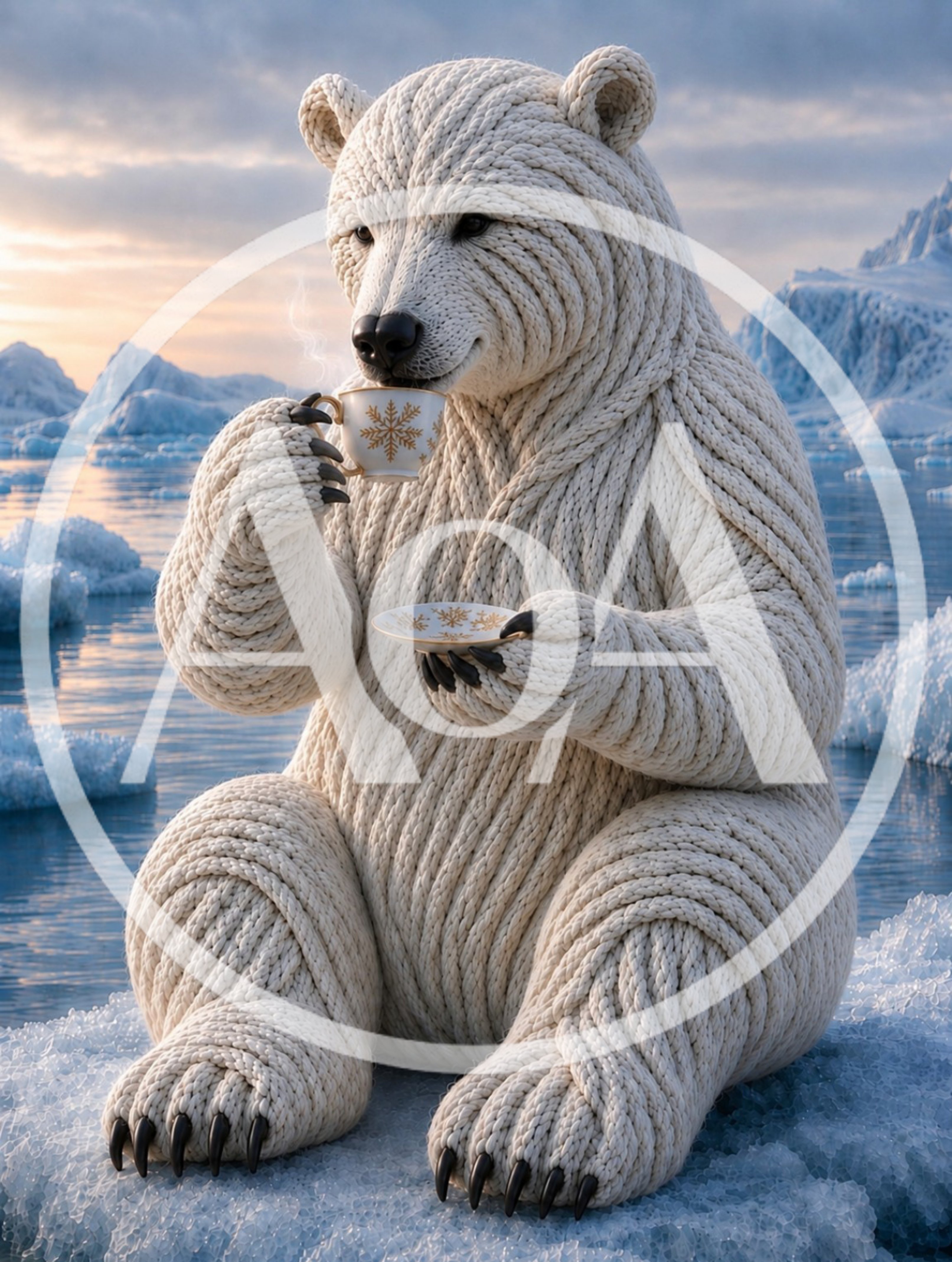 Knitted Polar Bear Drinking Tea on Iceberg