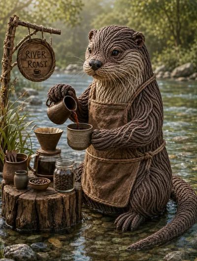 Anthropomorphic Otter Barista Pouring Coffee Outdoors