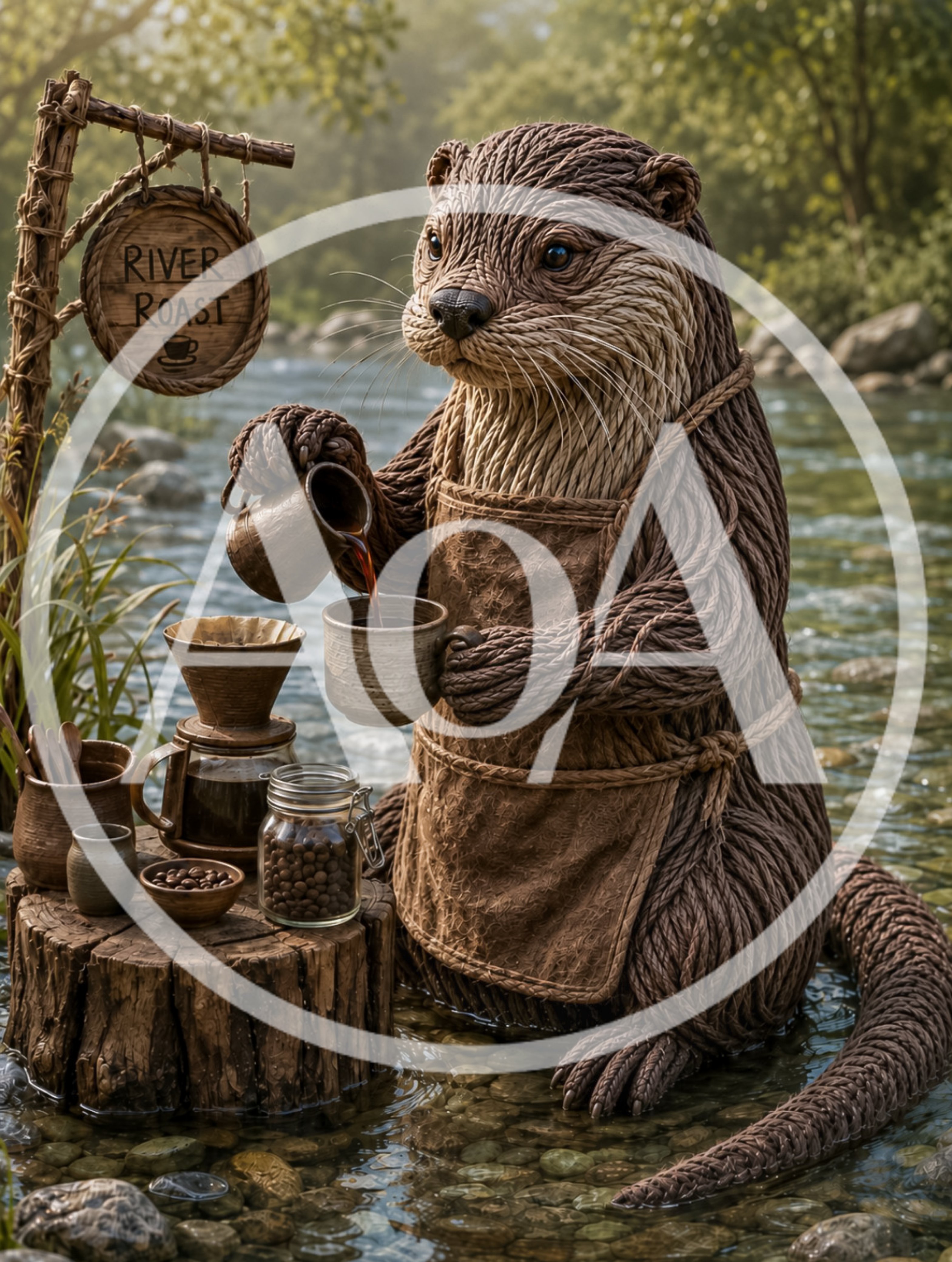 Anthropomorphic Otter Barista Pouring Coffee Outdoors