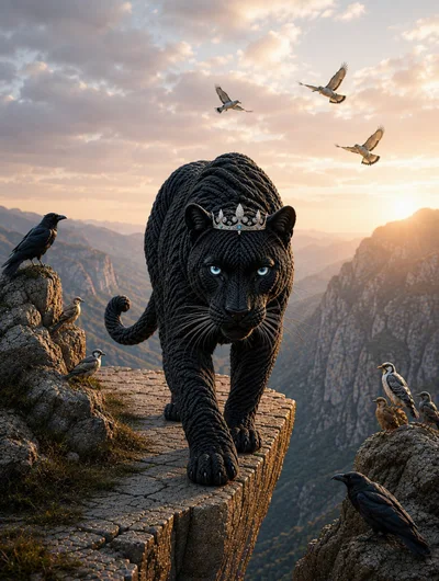 Majestic Black Panther Wearing A Crown On Mountain Cliff