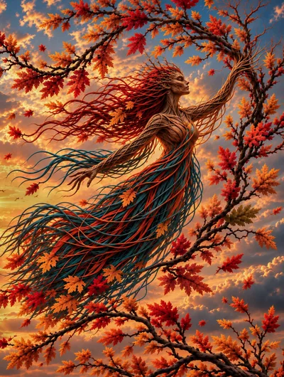 Ethereal Autumn Forest Spirit Floating Among Fall Leaves