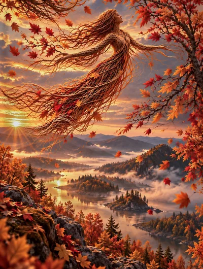 Ethereal Autumn Spirit Floating Over Misty Mountain Landscape