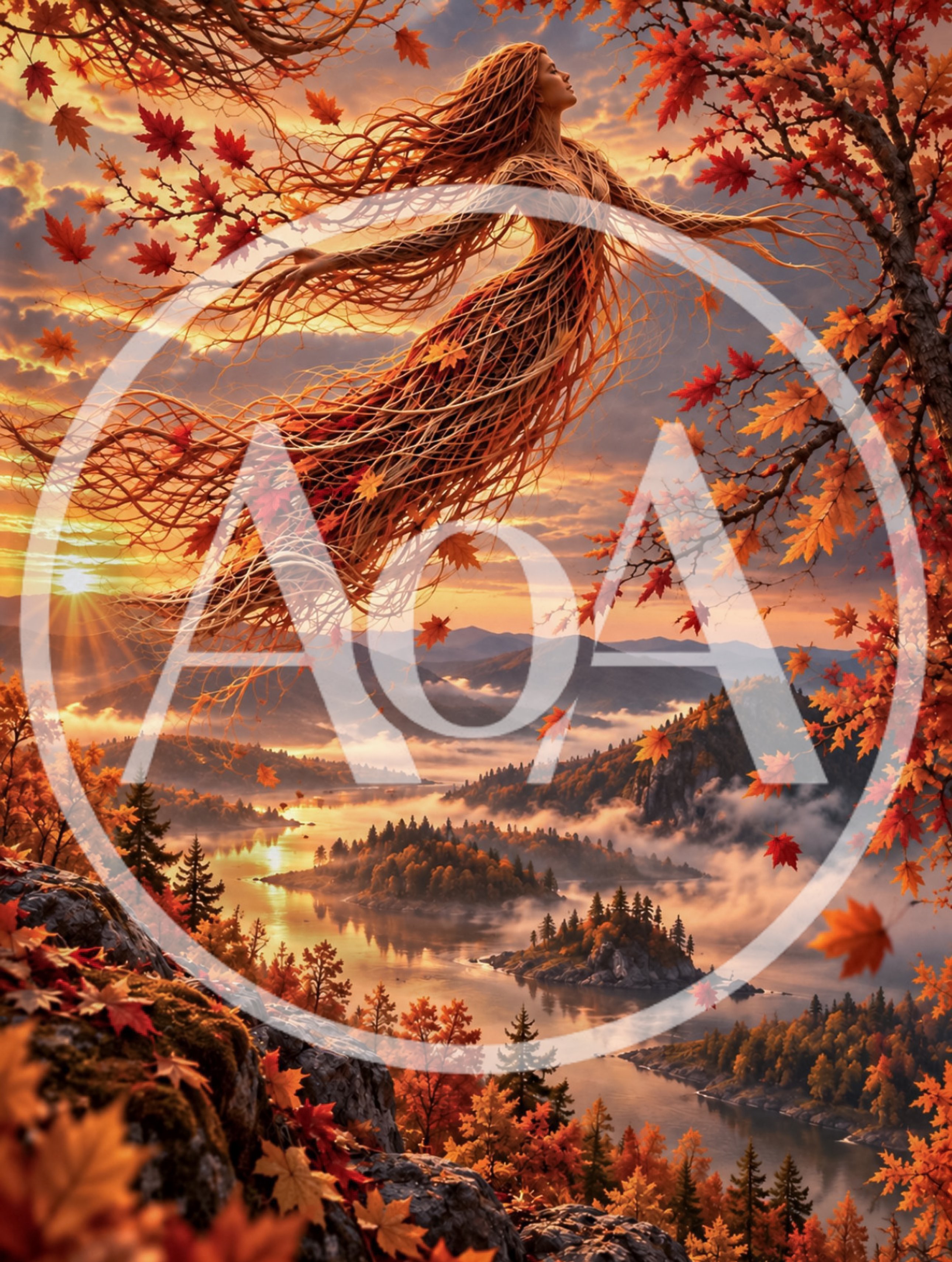 Ethereal Autumn Spirit Floating Over Misty Mountain Landscape