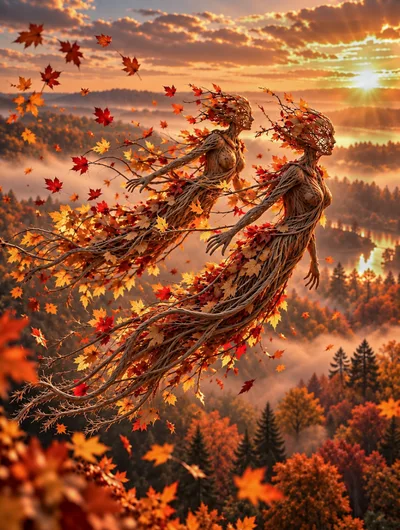 Two Ethereal Autumn Tree Spirits Flying Over Forest
