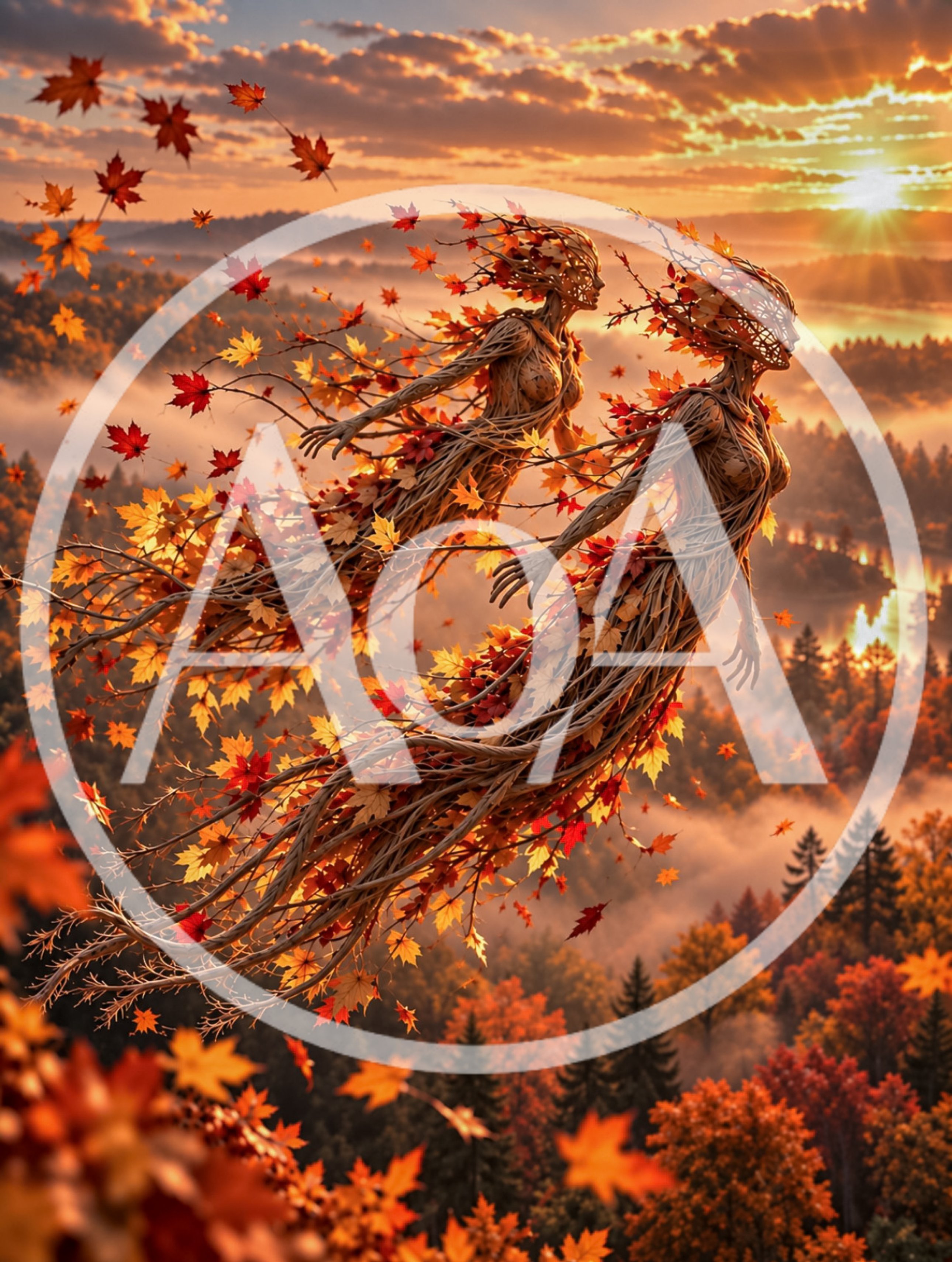 Two Ethereal Autumn Tree Spirits Flying Over Forest