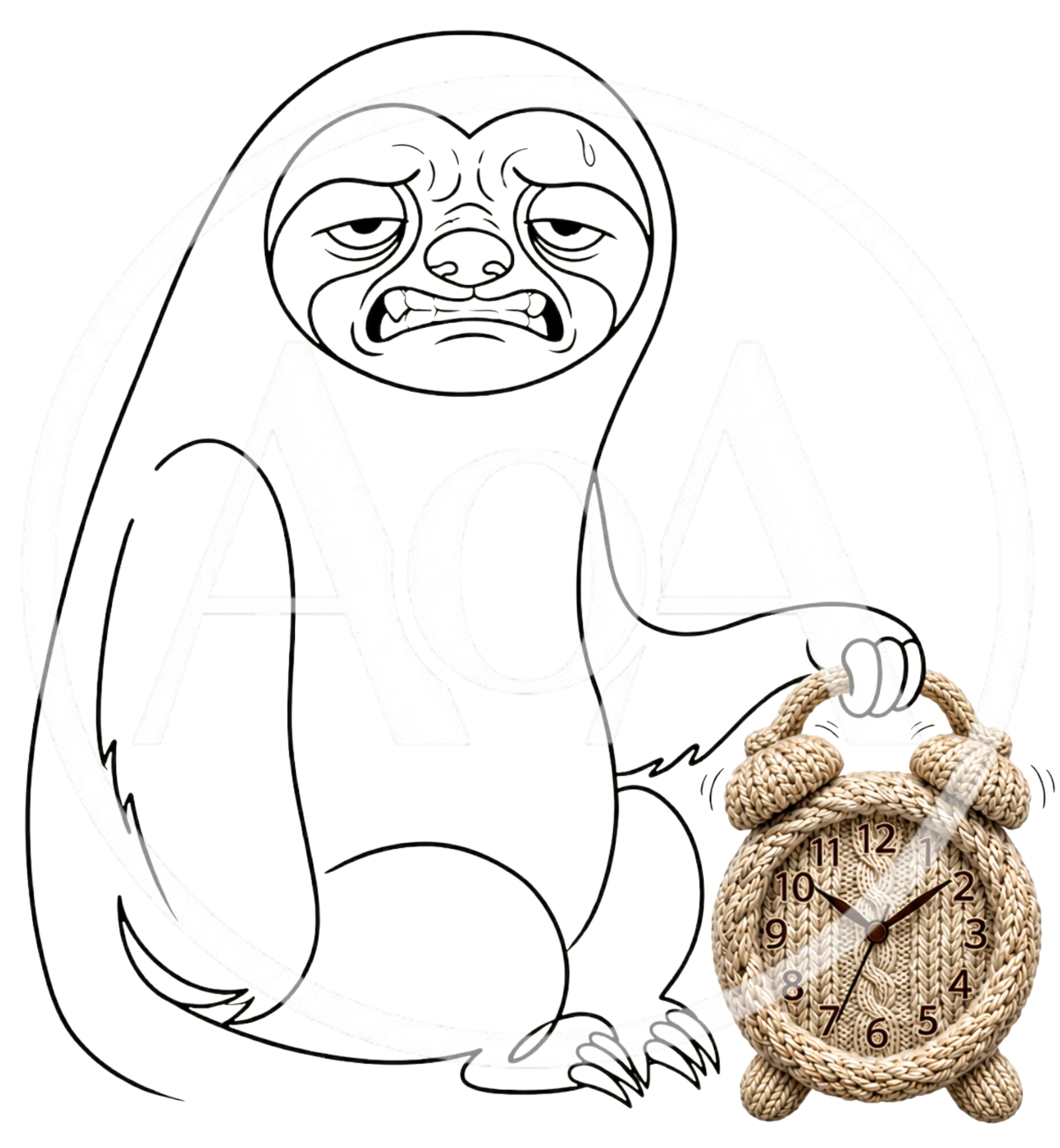 Sloth Holding A Knitted Alarm Clock