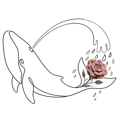 Minimalist Line Art Whale With Crocheted Rose