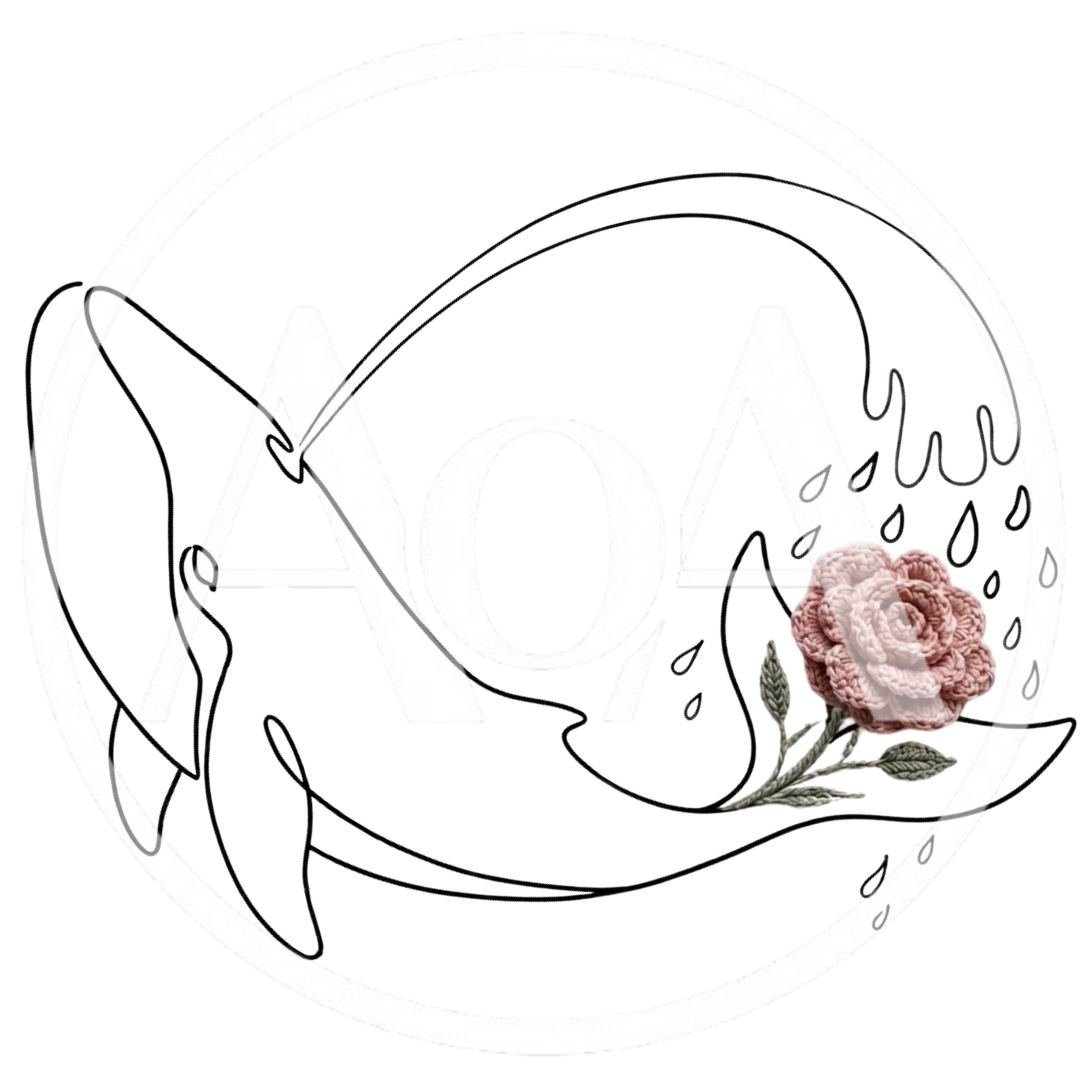 Minimalist Line Art Whale With Crocheted Rose