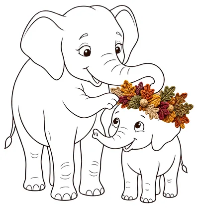 Mother Elephant Placing Autumn Leaf Crown On Baby Elephant