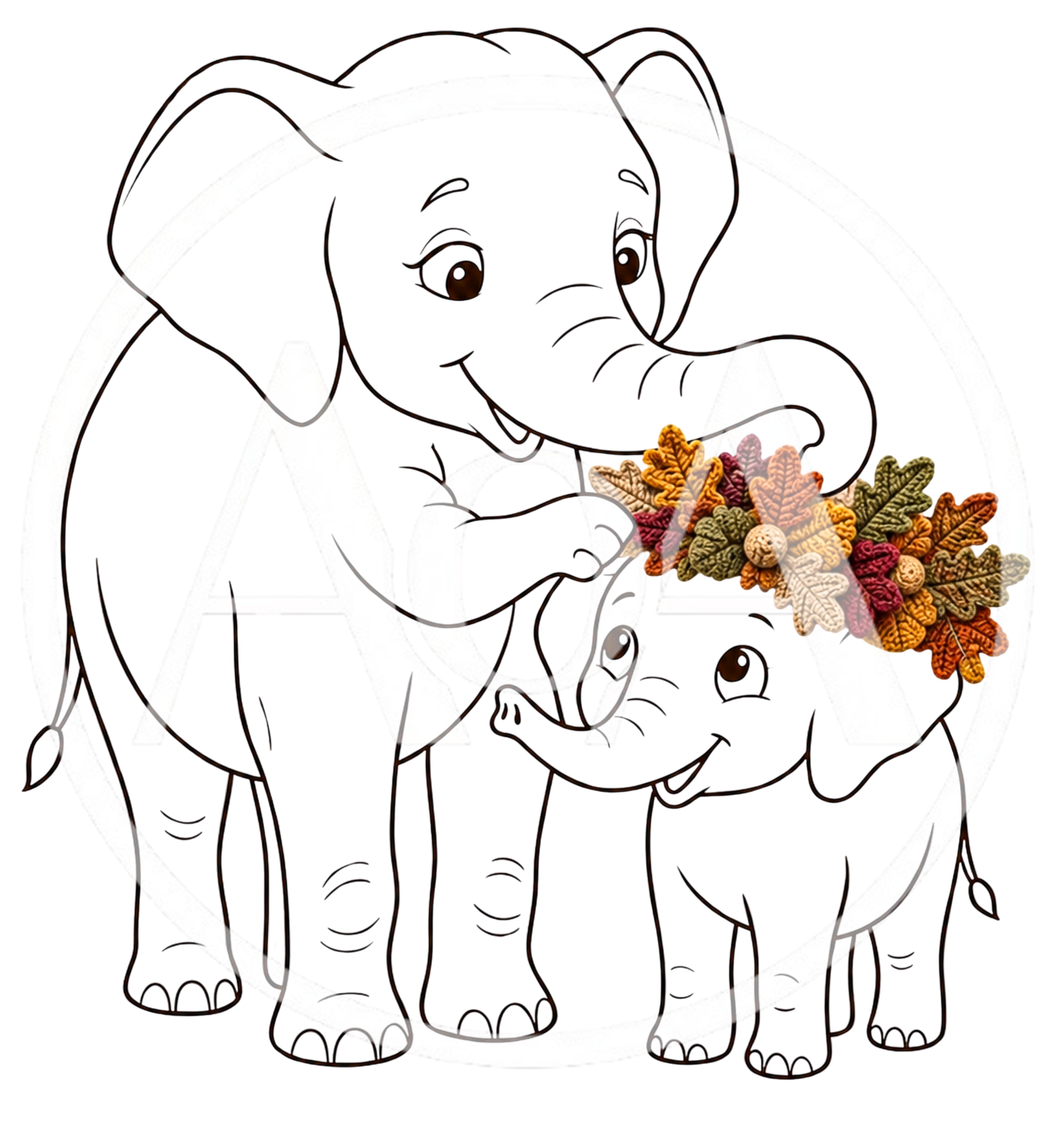 Mother Elephant Placing Autumn Leaf Crown On Baby Elephant