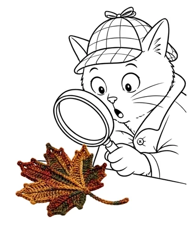 Detective Cat Examining A Crocheted Autumn Leaf