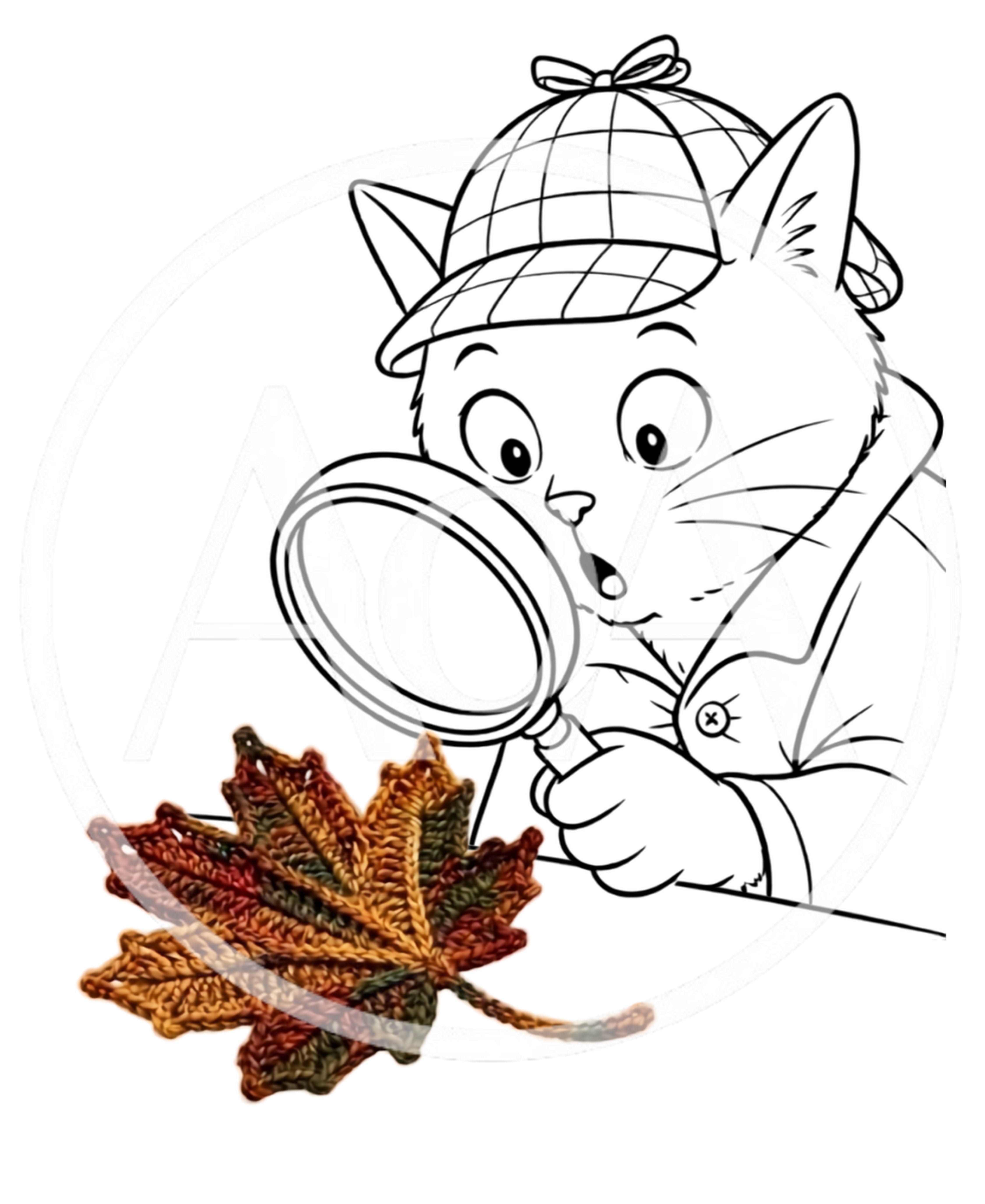 Detective Cat Examining A Crocheted Autumn Leaf