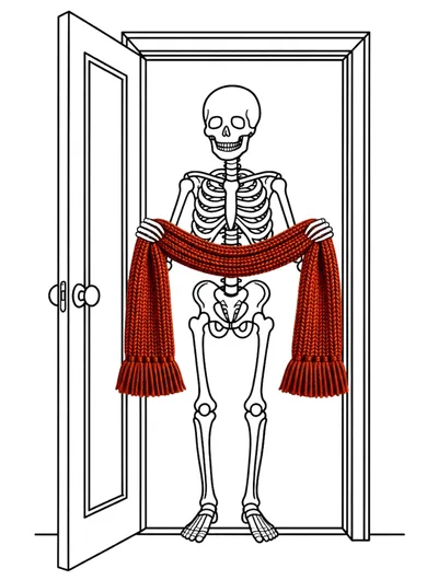Skeleton Holding A Red Knitted Scarf In A Doorway