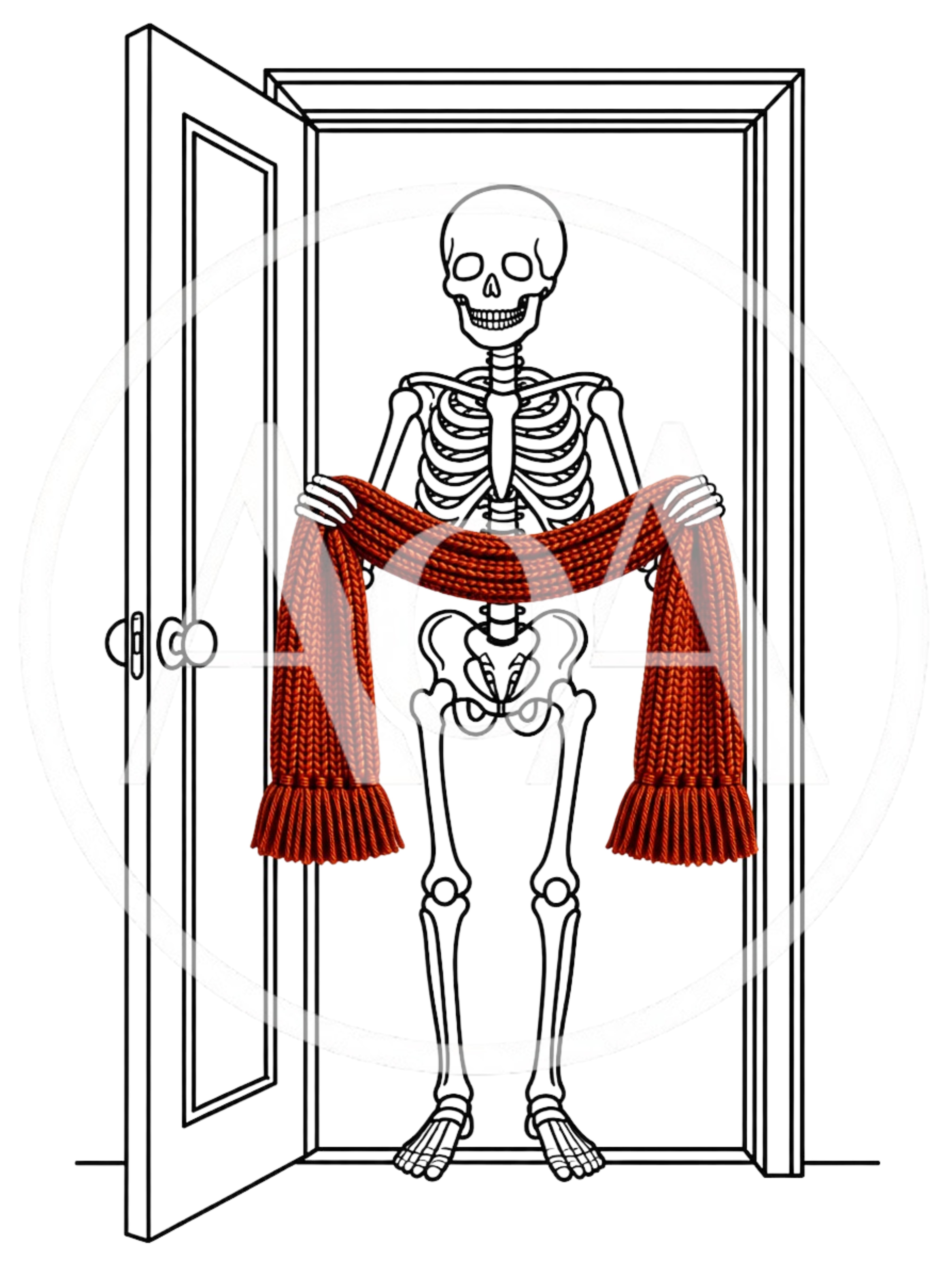 Skeleton Holding A Red Knitted Scarf In A Doorway