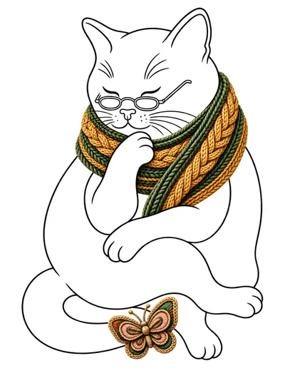 Thoughtful Cat Wearing A Knitted Scarf And Glasses