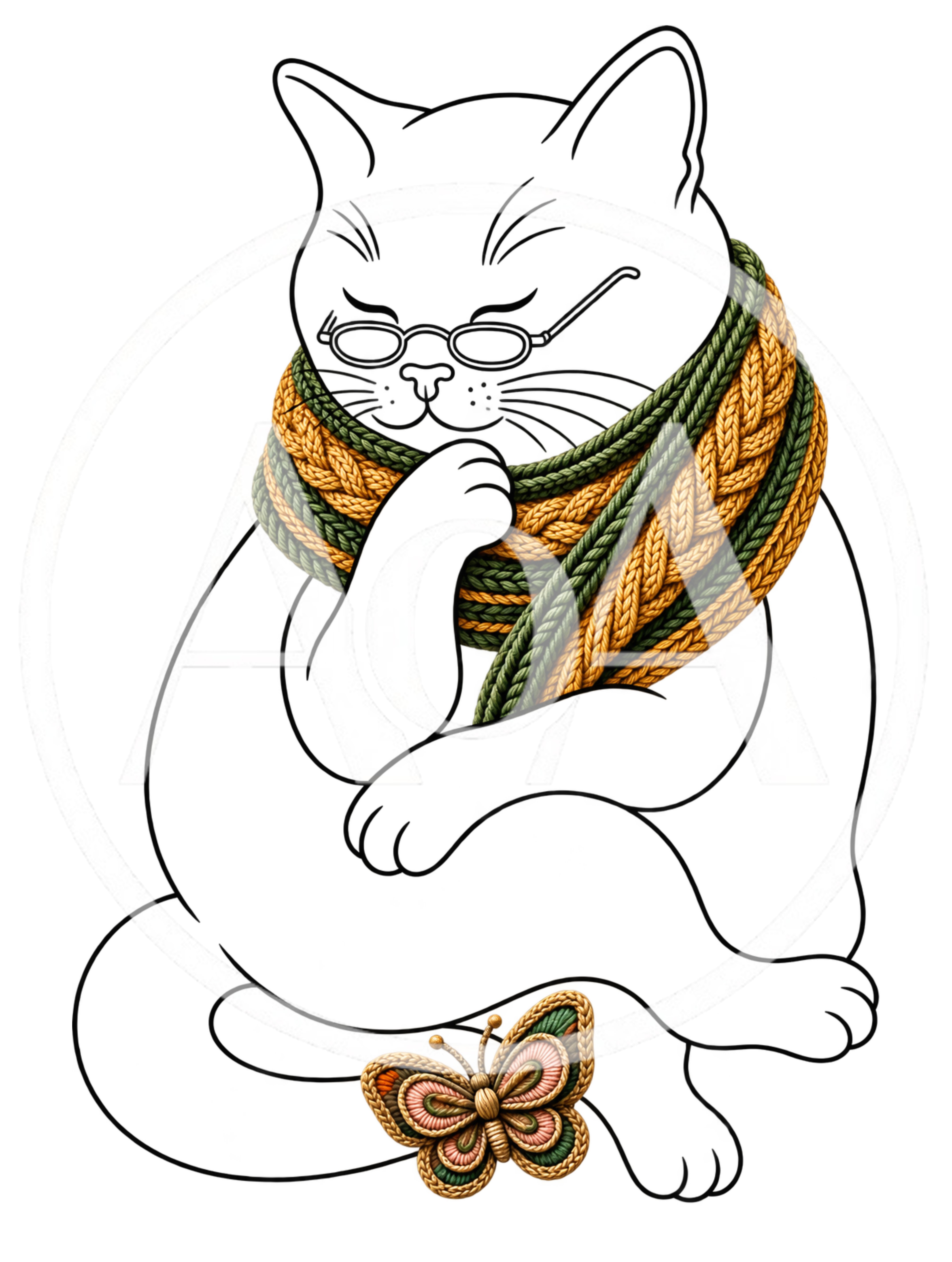 Thoughtful Cat Wearing A Knitted Scarf And Glasses