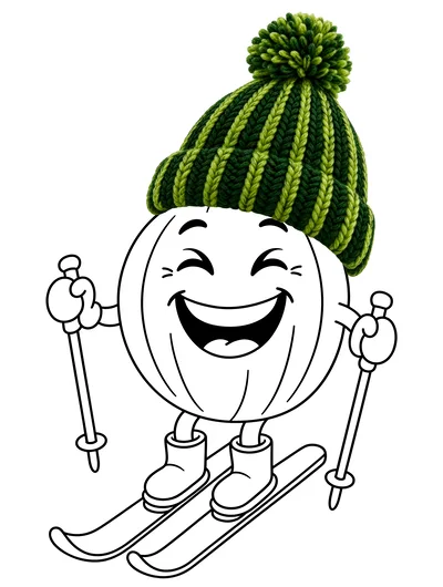 Cartoon Pumpkin Character Skiing With A Green Beanie