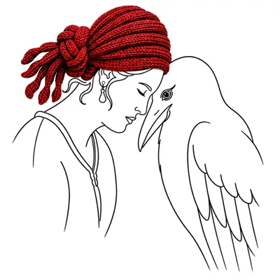 Line Art Illustration Of Woman With Raven
