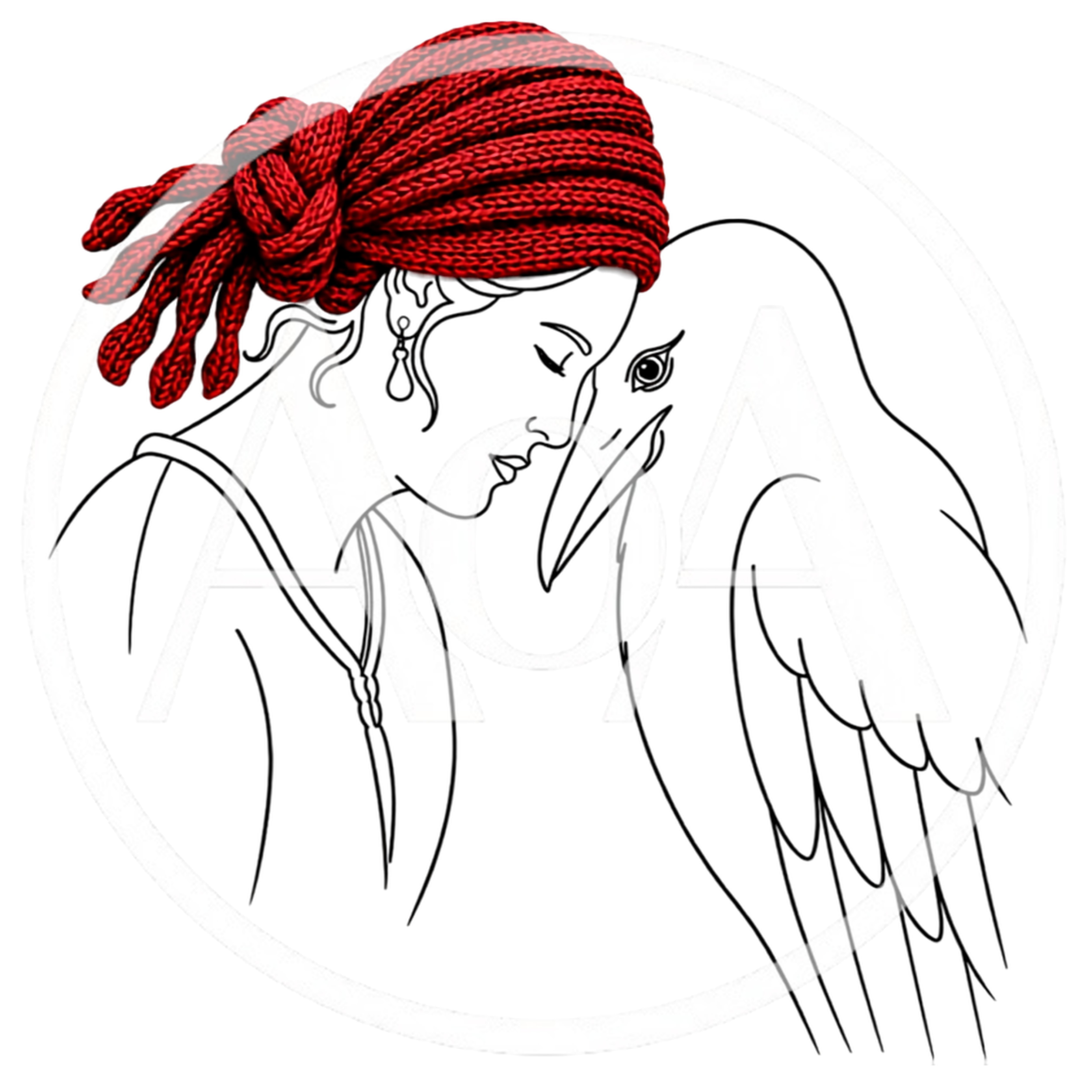 Line Art Illustration Of Woman With Raven