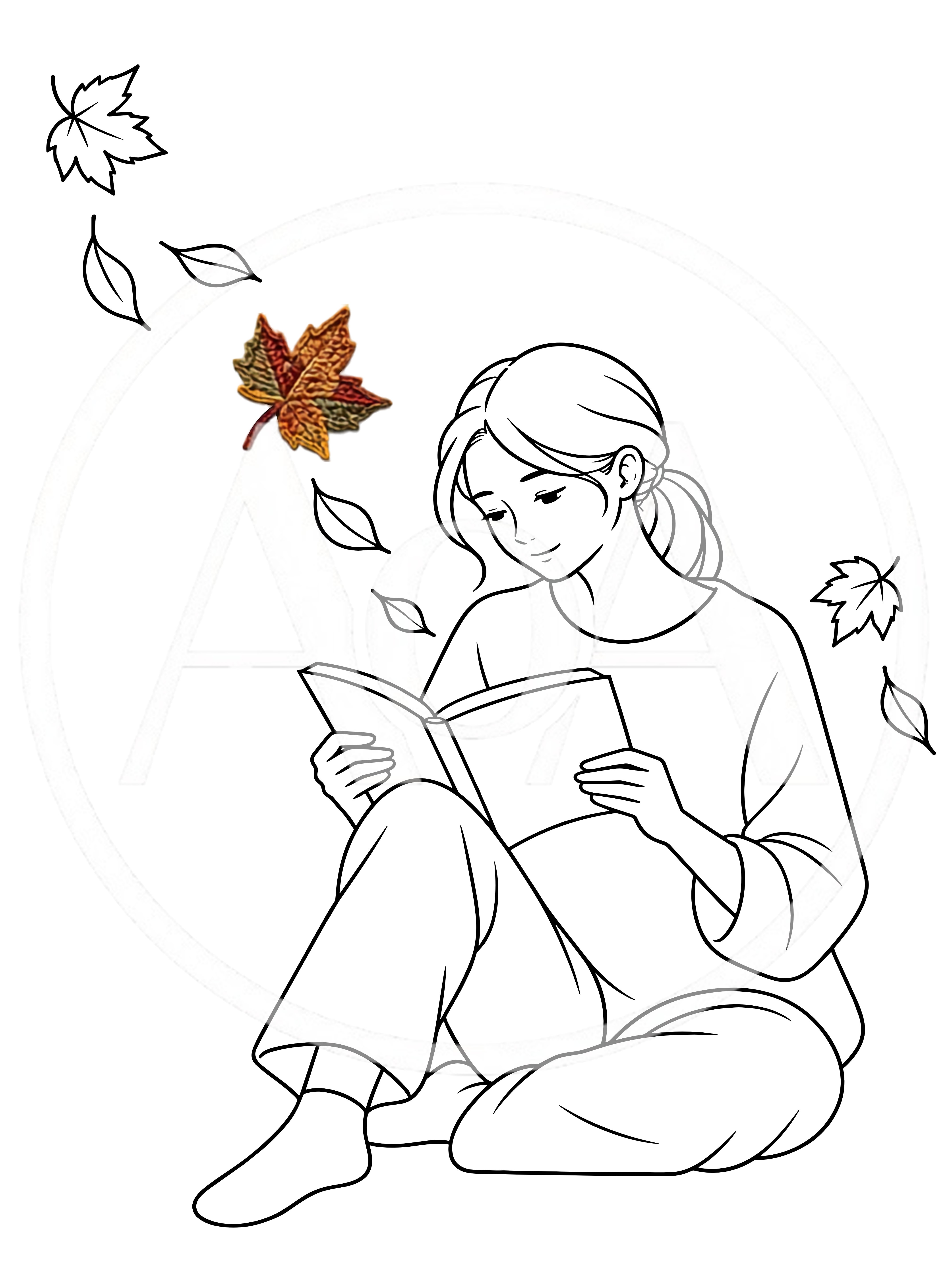 Line Art Illustration of a Woman Reading a Book