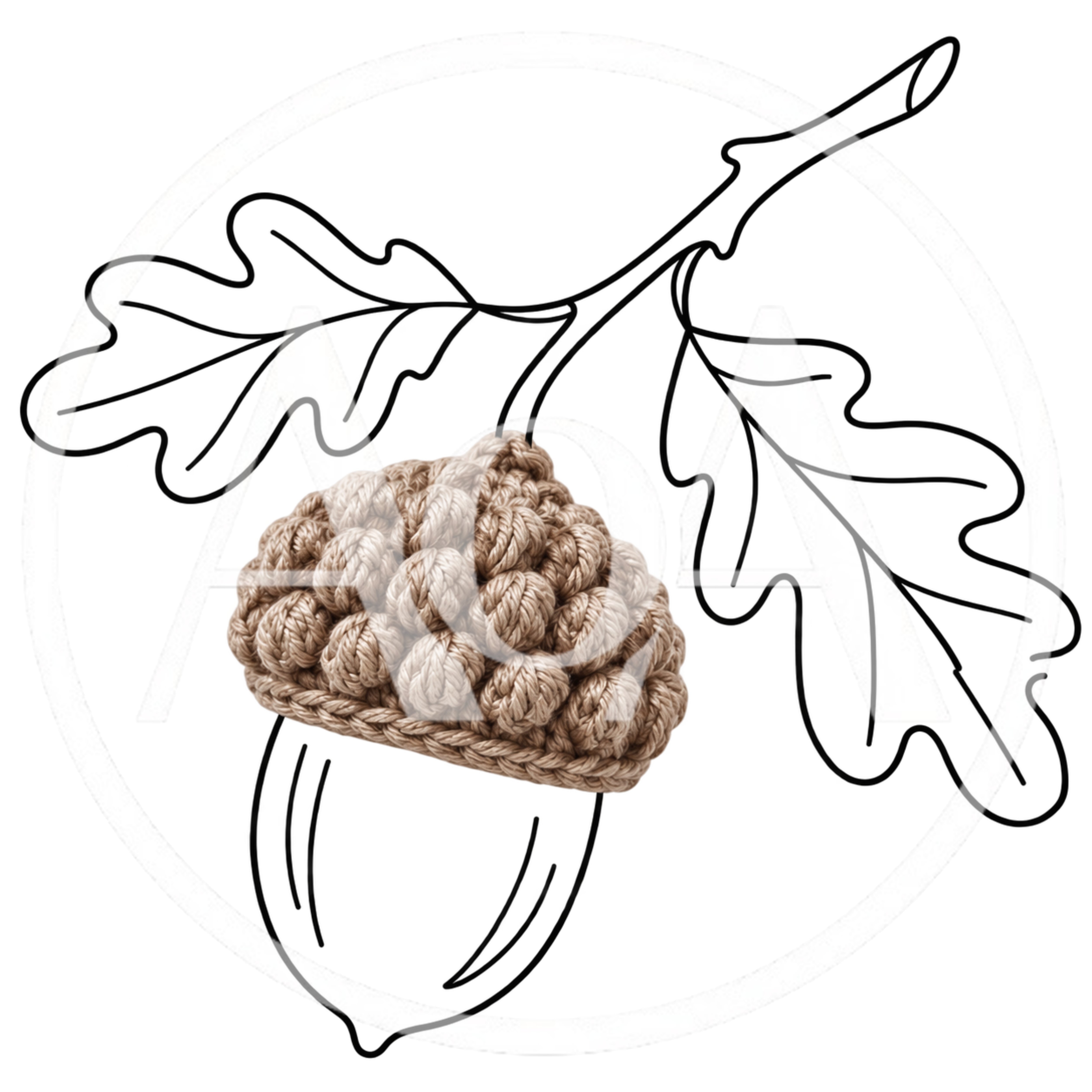 Crochet Acorn Cap With Hand Drawn Oak Leaves