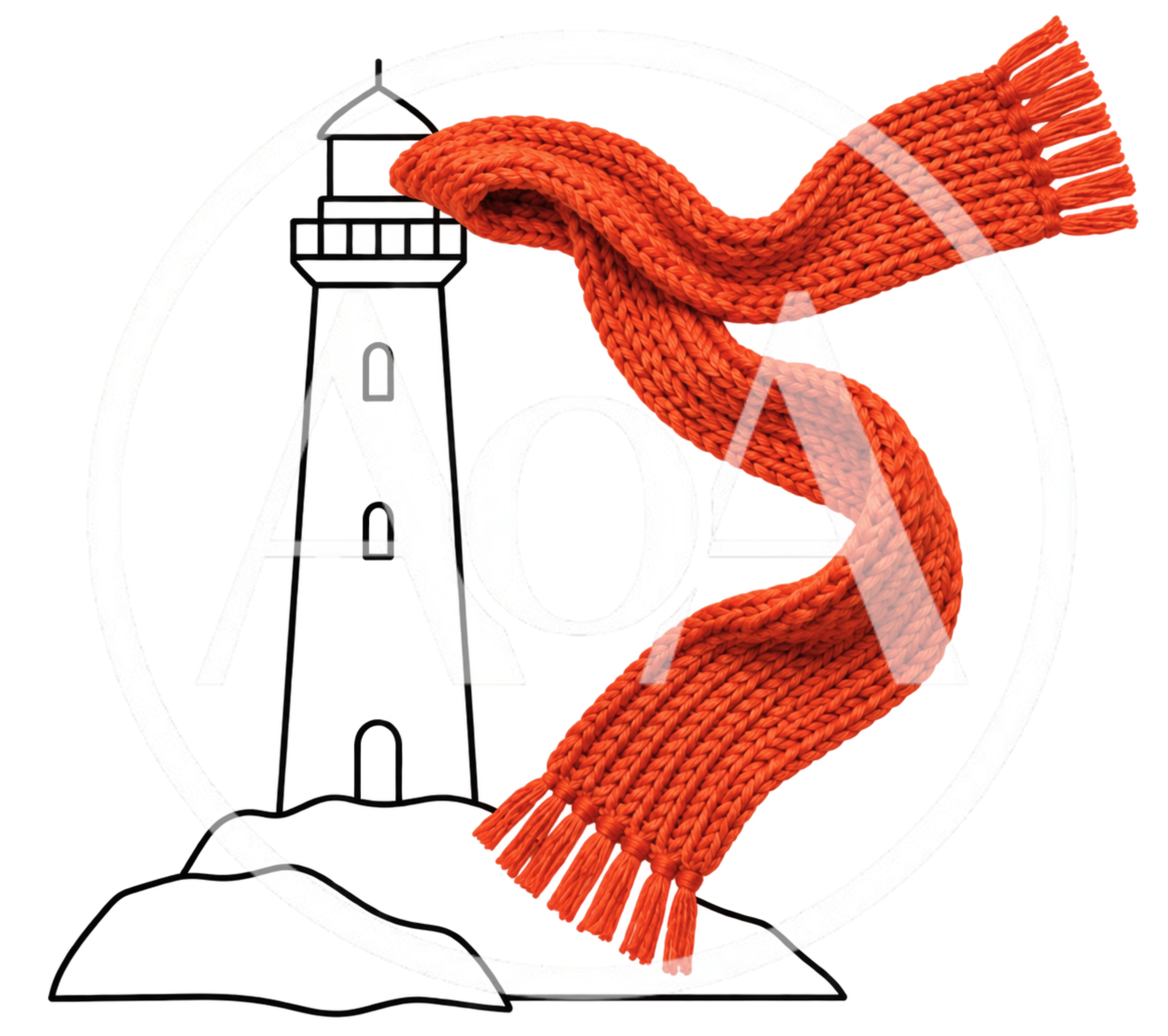 Lighthouse Illustration Wrapped In A Knitted Orange Scarf