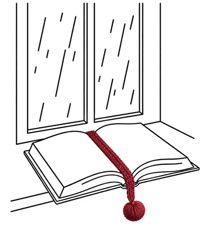 Open Book With Knitted Bookmark On Rainy Window Sill