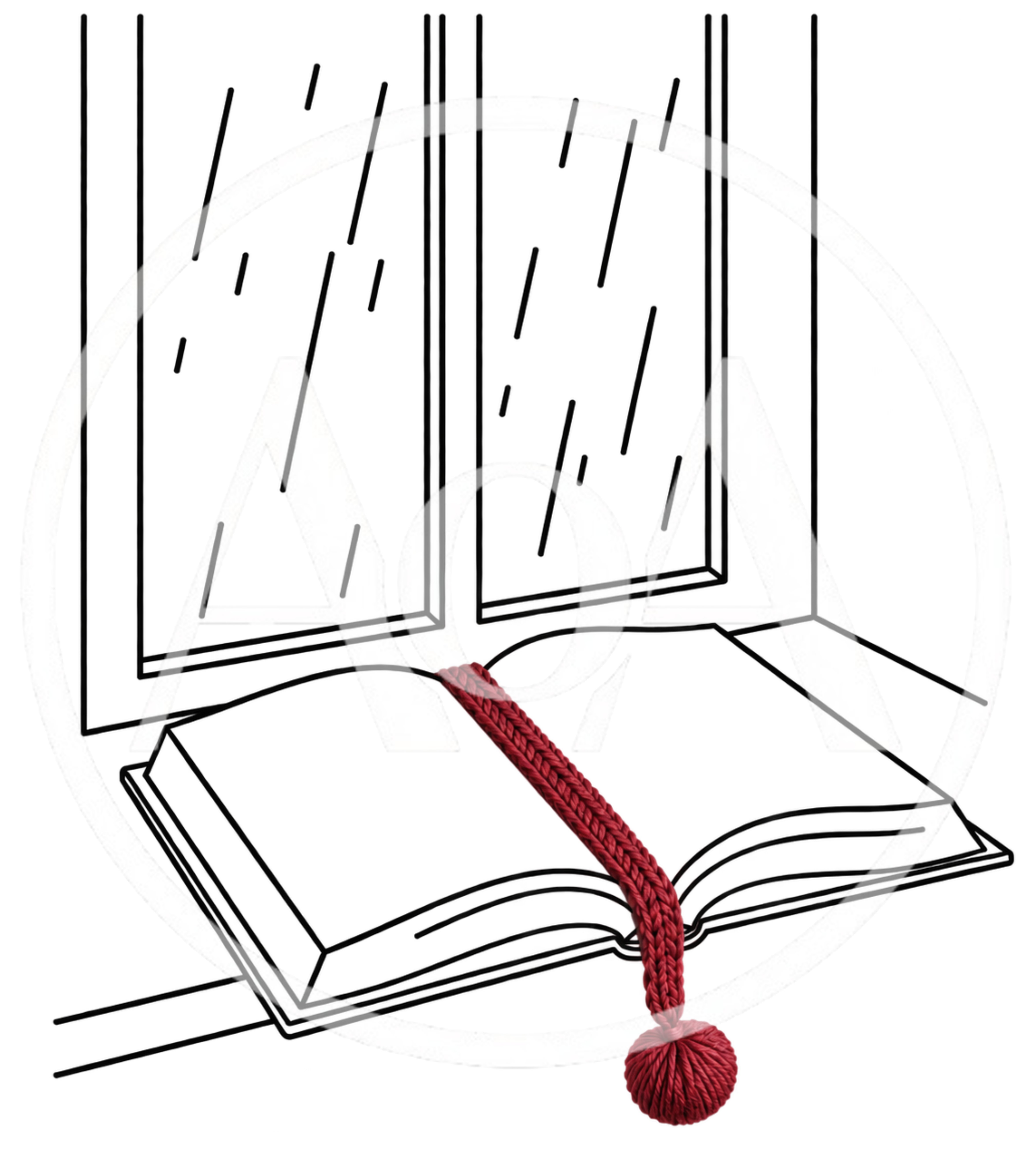 Open Book With Knitted Bookmark On Rainy Window Sill