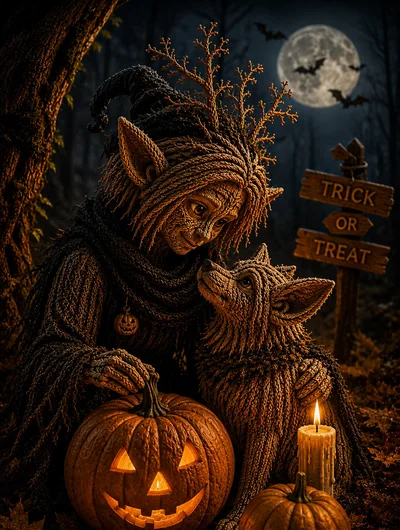 Knitted Forest Creature With Wolf And Jack O Lantern