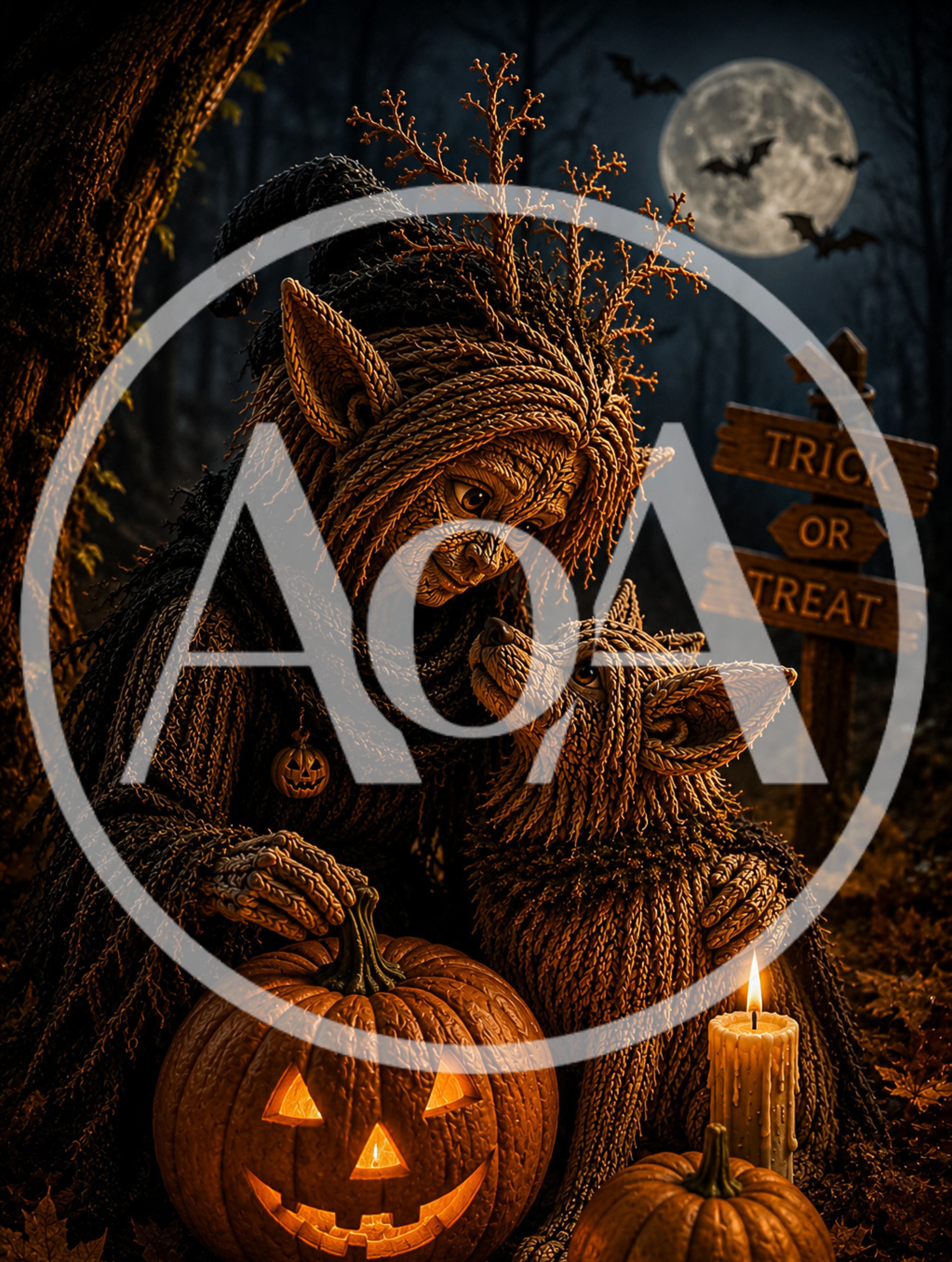 Knitted Forest Creature With Wolf And Jack O Lantern
